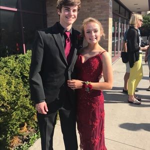 Red lace and silk prom dress